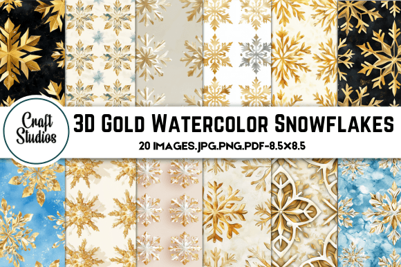 3D Gold Watercolor Snowflakes Digital