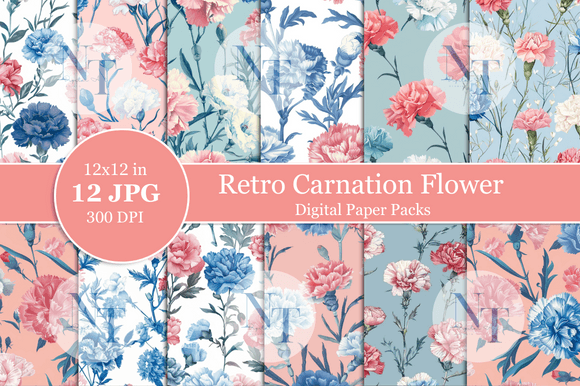 Retro Carnation Flower Digital Paper: Elevate Your Creative Projects with Timeless Elegance