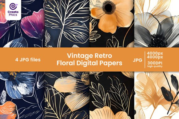 Vintage Retro Floral Digital Papers Set