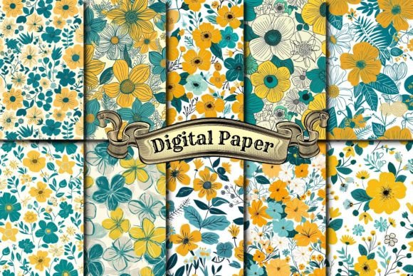 Yellow Teal Flowers Digital Paper